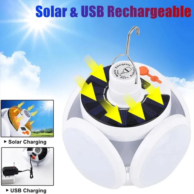 Solar Outdoor Portable LED Light Rechargeable Folding Lamp Search Bulb Camping Torch Emergency Lighting for Power Outages